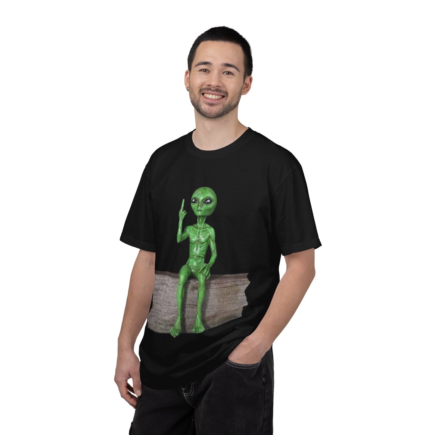 Alien Sitting on Fence T-Shirt — Funny Middle Finger Alien Graphic Tee