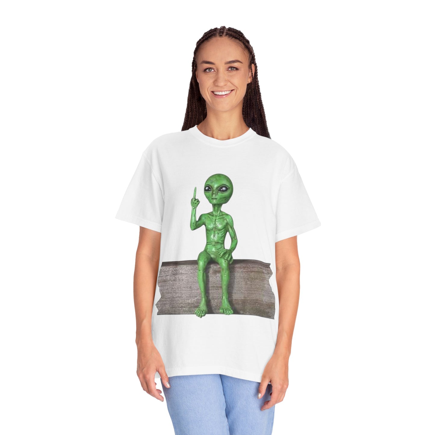 Alien Sitting on Fence T-Shirt — Funny Middle Finger Alien Graphic Tee