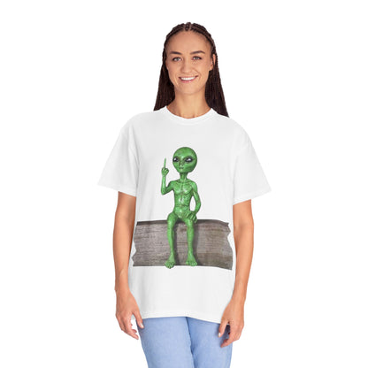 Alien Sitting on Fence T-Shirt — Funny Middle Finger Alien Graphic Tee