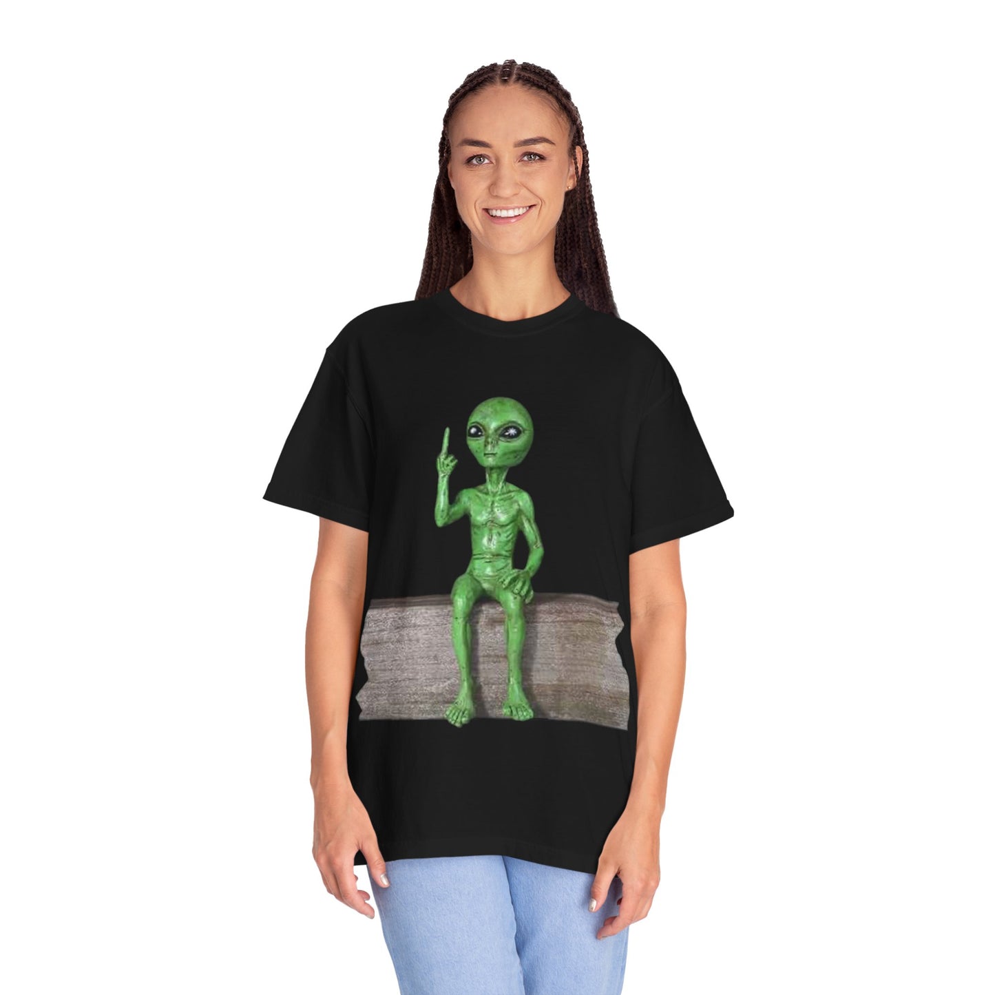 Alien Sitting on Fence T-Shirt — Funny Middle Finger Alien Graphic Tee