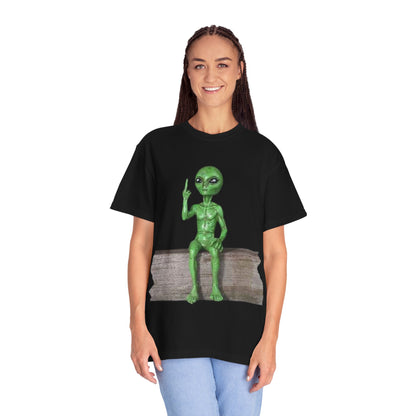 Alien Sitting on Fence T-Shirt — Funny Middle Finger Alien Graphic Tee
