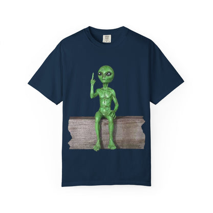 Alien Sitting on Fence T-Shirt — Funny Middle Finger Alien Graphic Tee