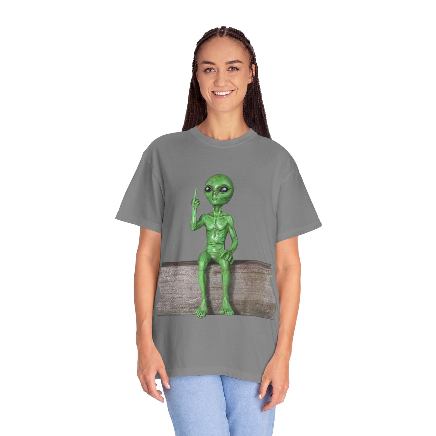 Alien Sitting on Fence T-Shirt — Funny Middle Finger Alien Graphic Tee