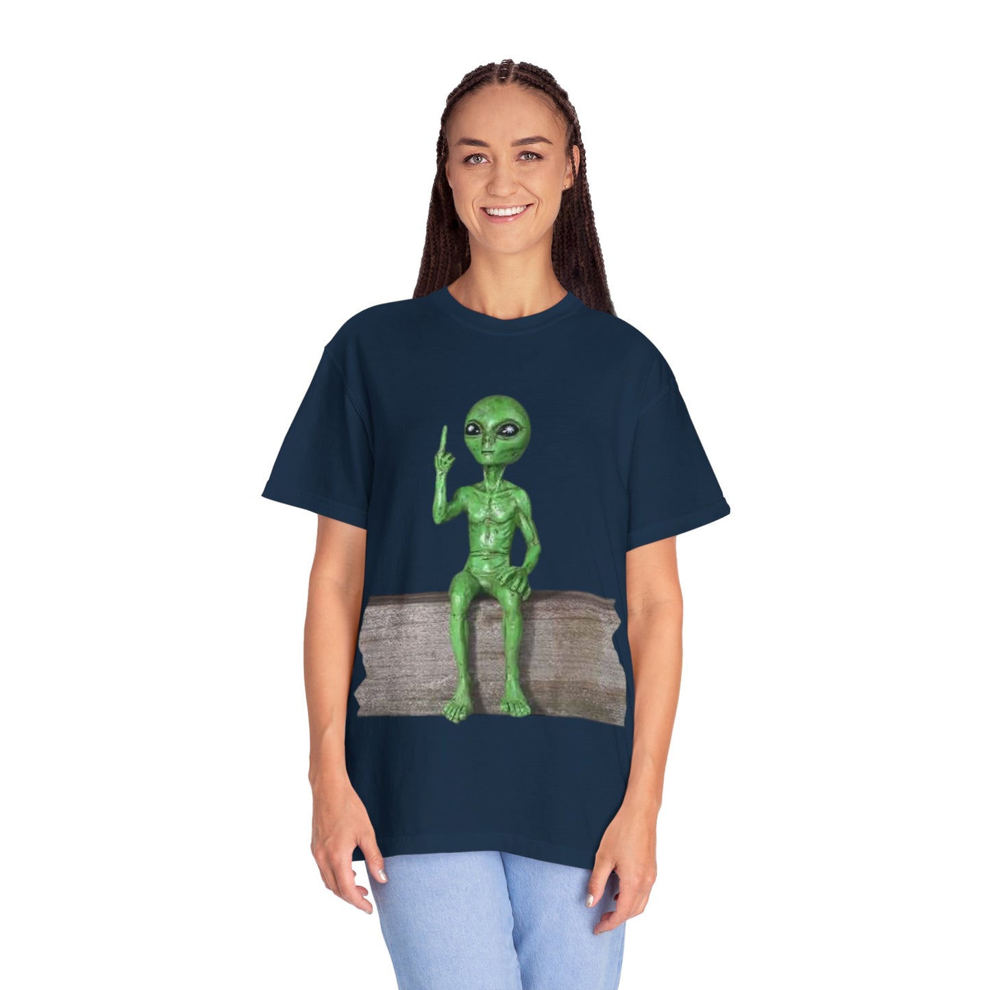 Alien Sitting on Fence T-Shirt — Funny Middle Finger Alien Graphic Tee