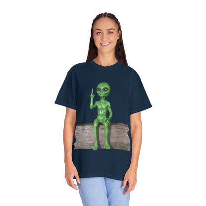 Alien Sitting on Fence T-Shirt — Funny Middle Finger Alien Graphic Tee