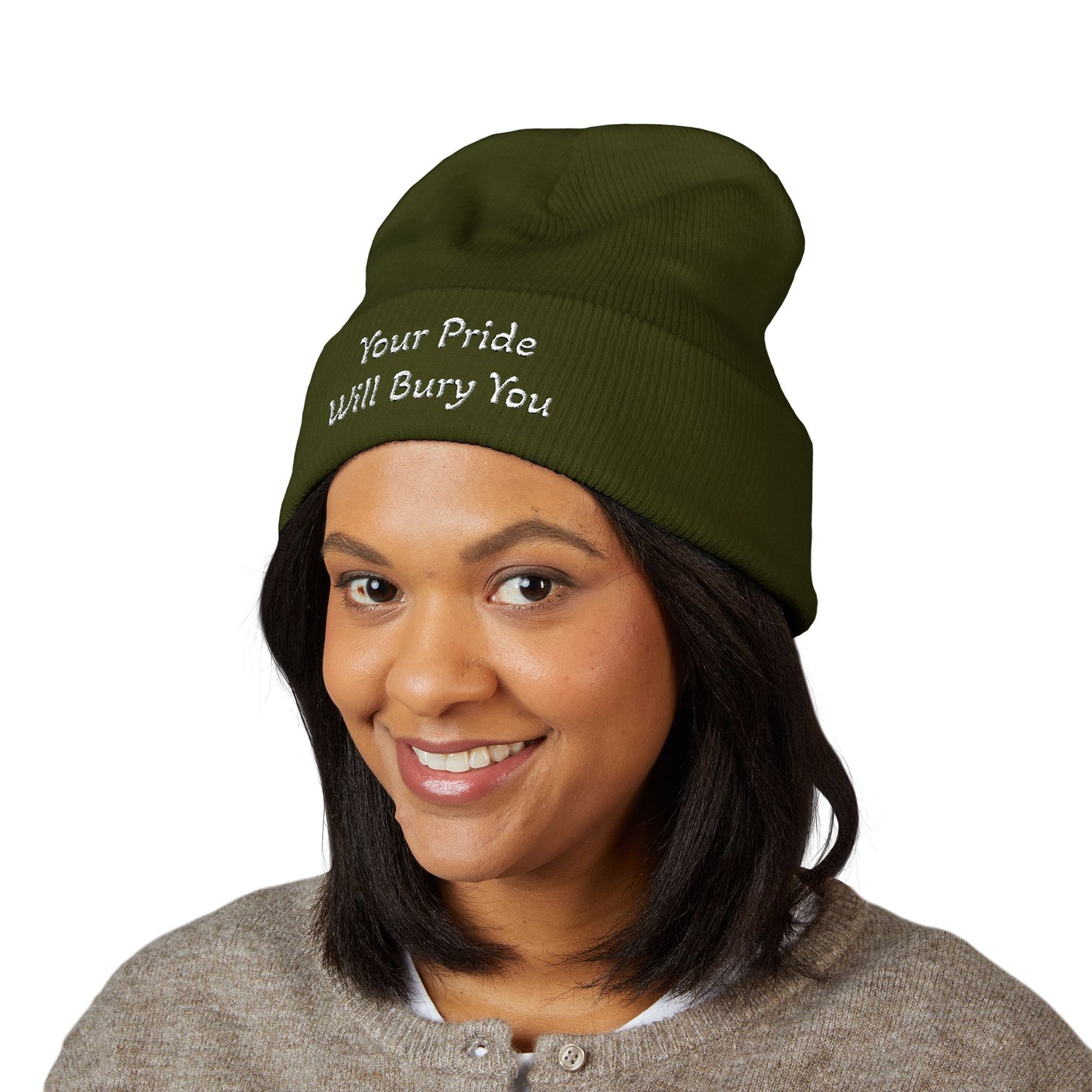 Embroidered Cuffed Beanie — "Your Pride Will Bury You"