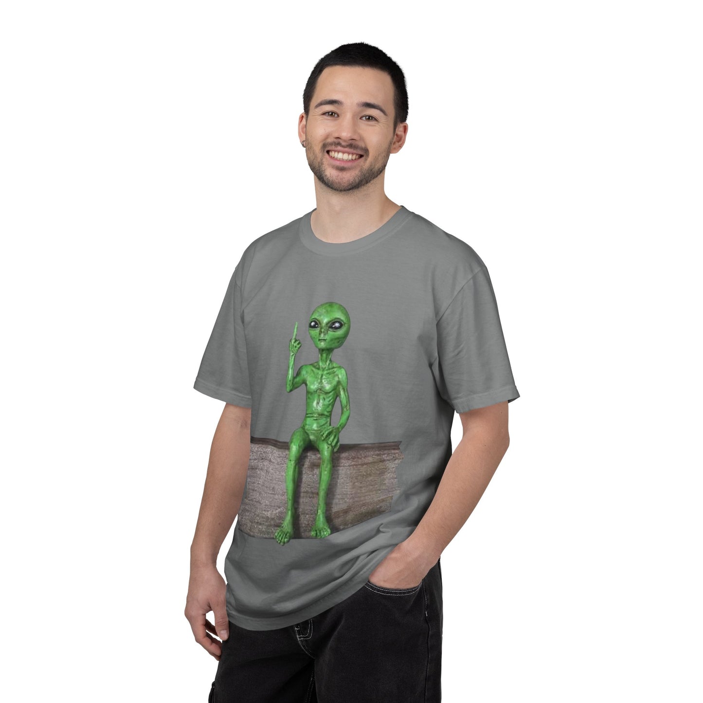 Alien Sitting on Fence T-Shirt — Funny Middle Finger Alien Graphic Tee
