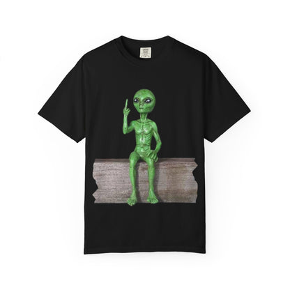 Alien Sitting on Fence T-Shirt — Funny Middle Finger Alien Graphic Tee