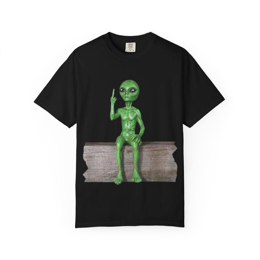 Alien Sitting on Fence T-Shirt — Funny Middle Finger Alien Graphic Tee