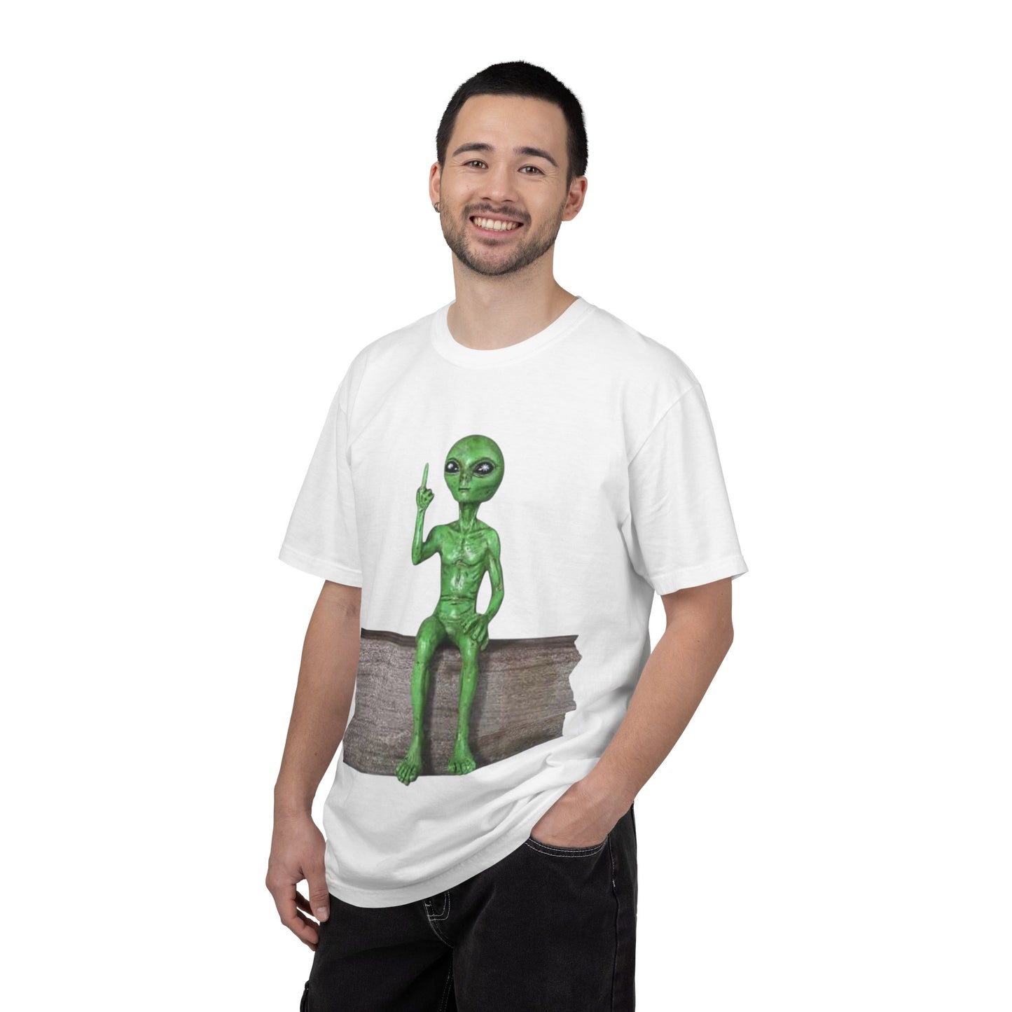 Alien Sitting on Fence T-Shirt — Funny Middle Finger Alien Graphic Tee