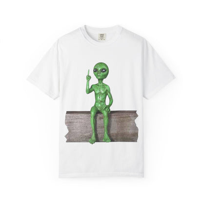 Alien Sitting on Fence T-Shirt — Funny Middle Finger Alien Graphic Tee