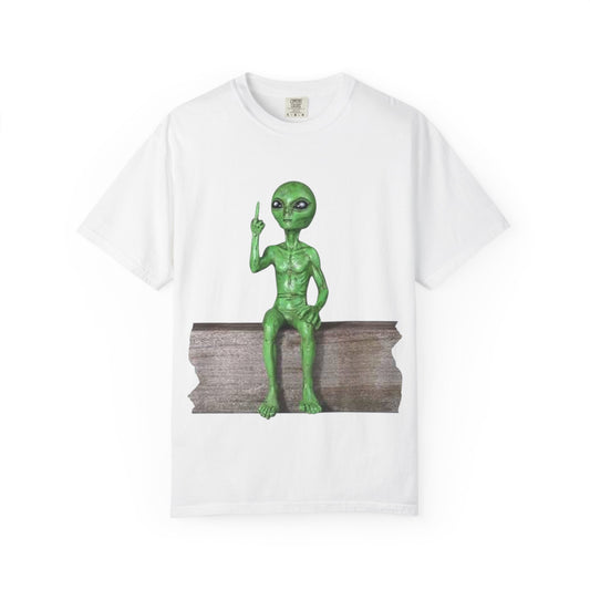 Alien Sitting on Fence T-Shirt — Funny Middle Finger Alien Graphic Tee