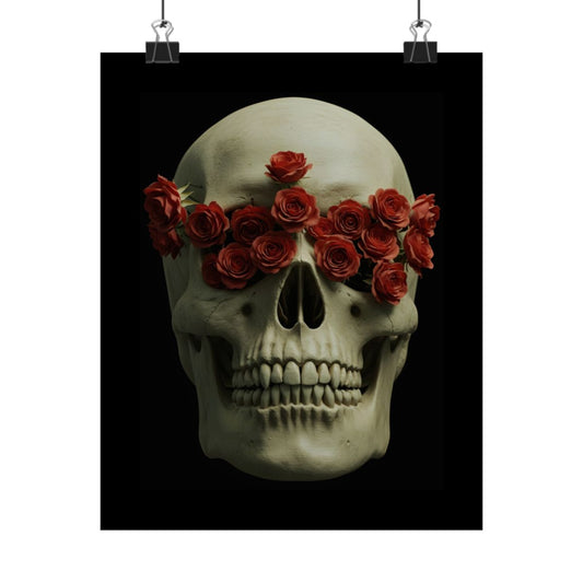 Skull with Red Roses Poster — Matte Vertical Wall Art